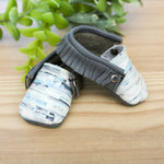 Baby Moccasins- Grey & Blue Strokes