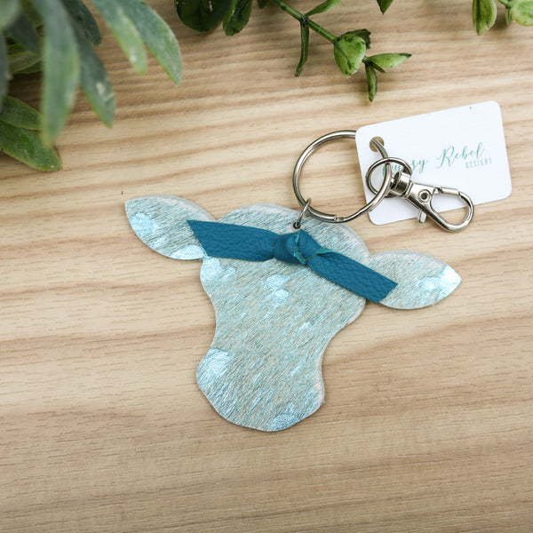 Cow Keychain- Teal Hair on Hide