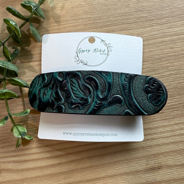 Hair Clip Flat- Teal & Black Tooled