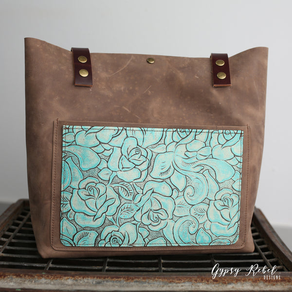 June Tote Bag- Laredo Sand with Turquoise Embossed Roses Pocket