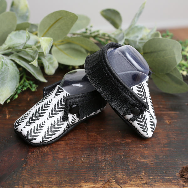 Leather Baby Moccasins- Black on White Tribal Arrows